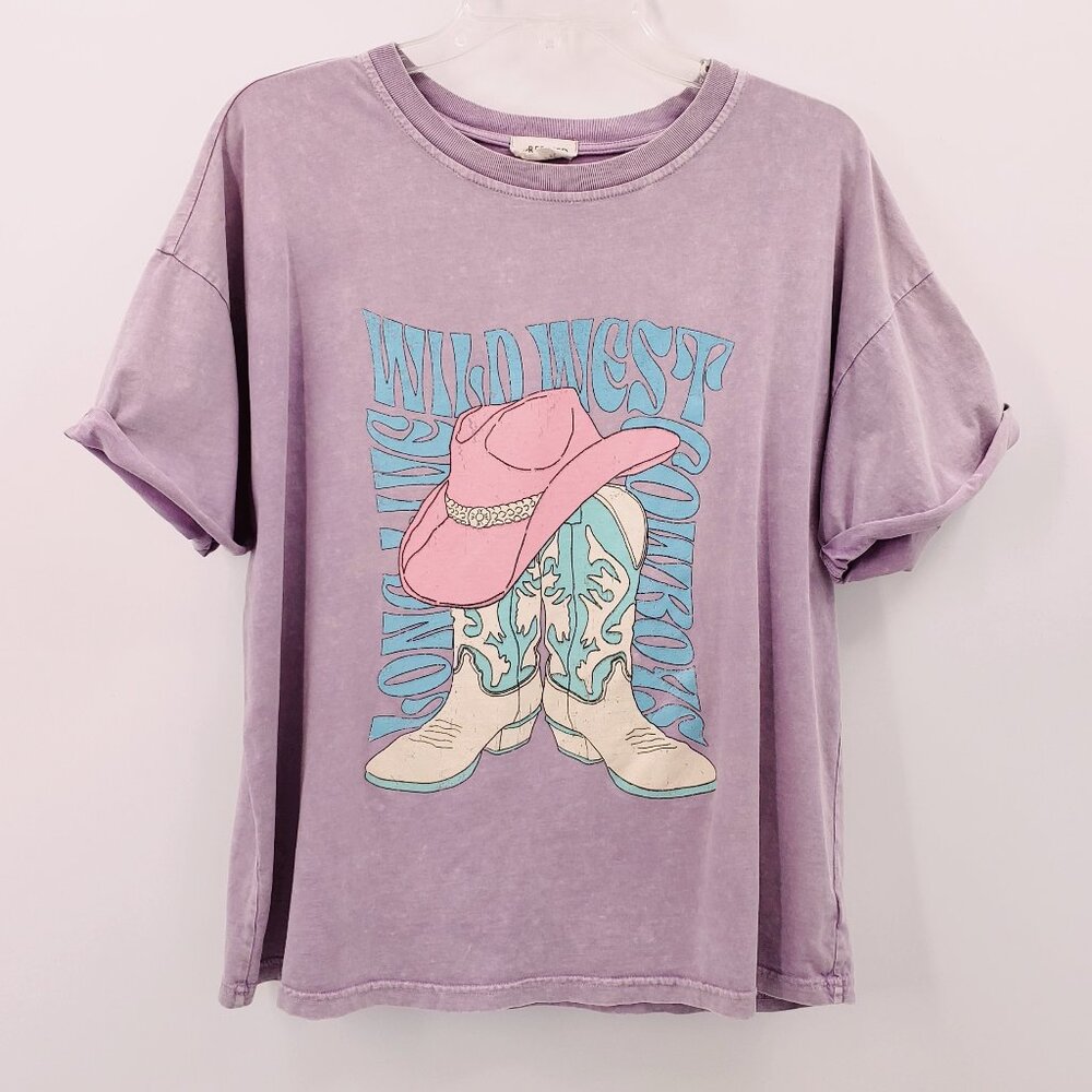 Refined Canvas Graphic TShirt Size S Purple Acid Wash Wild West Cowboy Hat Boots